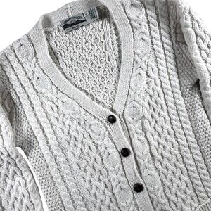 Aran Crafts Merino Wool Cardigan Men's L V-Neck‎ Cream Cable Knit Fisherman Cozy